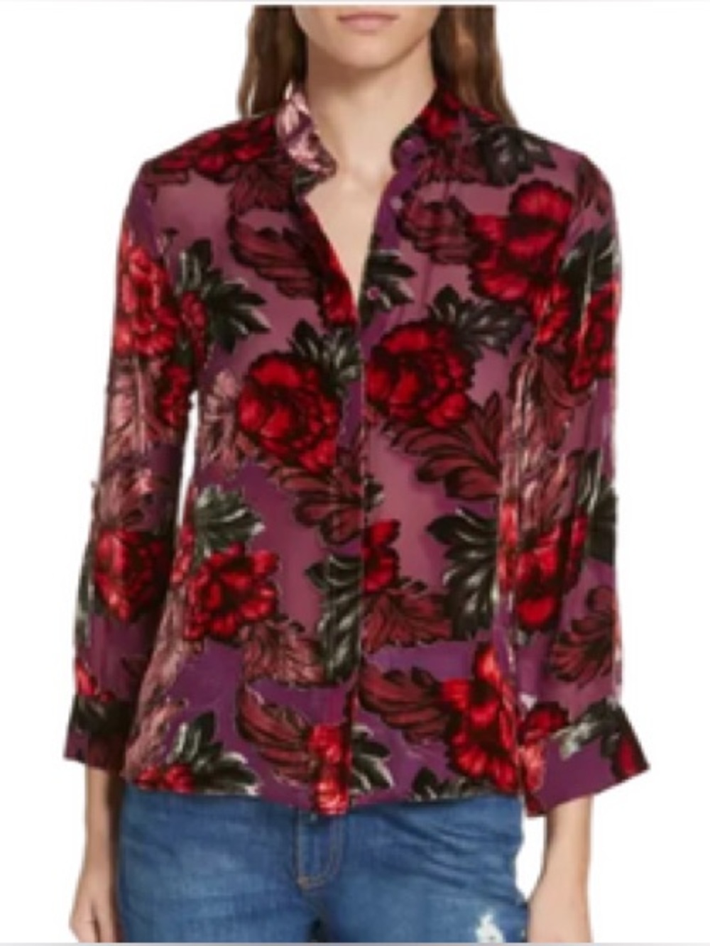 Alice + Olivia Size M Purple Red Floral Button-down Blouse Silk Blend Bohemian